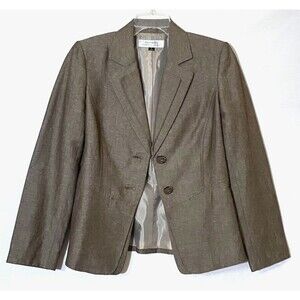 Tahari Double Lapel Blazer Women 6 Dark Tan Linen Blend Lined Heather Pattern